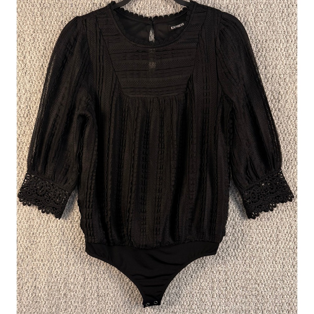 Express Black Lace Bodysuit Top Small 3/4 Sleeve Crochet Boho Gothic Romantic S